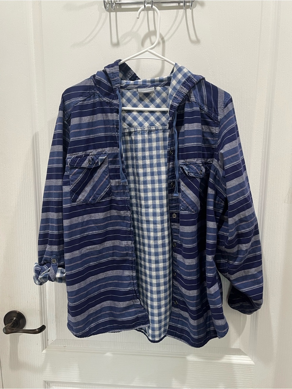 Womens Navy Blue Striped Hooded Shirt Jacket Columbia XL